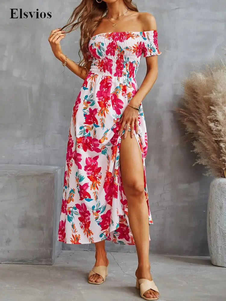 Casual Wrap Elastic Slim Off Shoulder Dress Fashion Flower Print Slit Hem Beach Dress Women Sexy Short Sleeve Boho Party Dresses
Casual Wrap Elastic Slim Off Shoulder Dress Fashion Flower Print Slit Hem Beach Dress Women Sexy Short Sleeve Boho Party Dresses