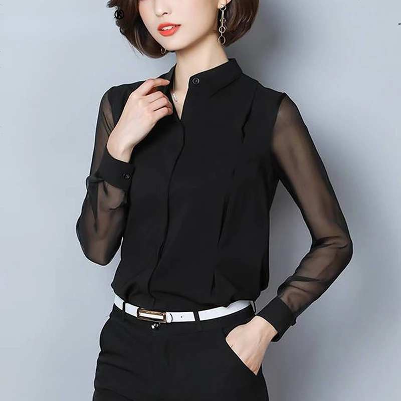 Women Elegant Long Sleeve All-match Buttons Chiffon Blouse Spring Summer Stand Collar Patchwork Black Shirt Female Top
Women Elegant Long Sleeve All-match Buttons Chiffon Blouse Spring Summer Stand Collar Patchwork Black Shirt Female Top