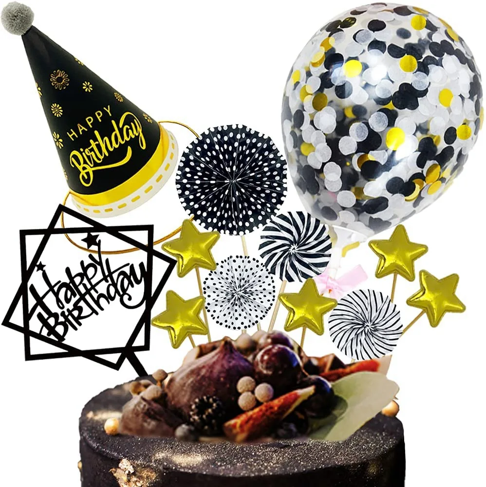 JOLLYBOOM Black Gold Birthday Decoration Set Happy Birthday Cake Topper Birthday Hat Gold PU Stars Birthday Party Supplies
JOLLYBOOM Black Gold Birthday Decoration Set Happy Birthday Cake Topper Birthday Hat Gold PU Stars Birthday Party Supplies