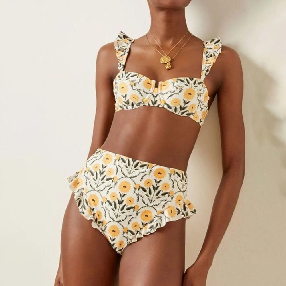 

Fashion Print Gathering Slim Bikini Set Chic Retro Backless High Waist Cropped Beachwear 2022 Women's Push-ups