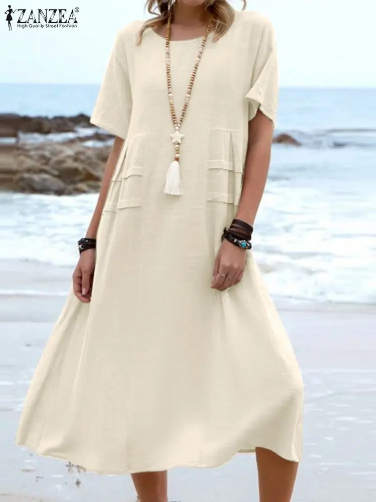 

Платье ZANZEA женское хлопковое средней длины, праздничный винтажный легкий пляжный сарафан, повседневная одежда с круглым вырезом и коротким...