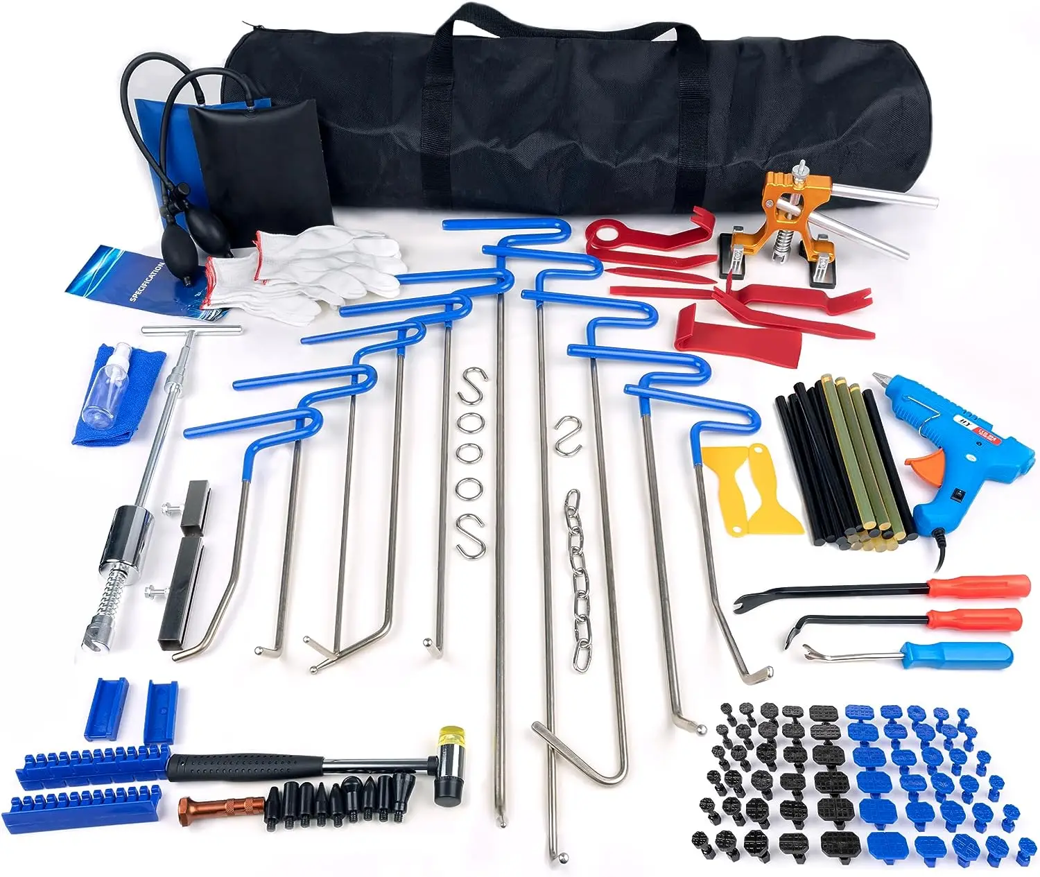 Puller Kit, 136 PCS Dent Removal Kit with 10 PCS Dent Repair Rods, Paintless T- Dent Puller, Golden Lifter Puller, Car Dent Repa
Puller Kit, 136 PCS Dent Removal Kit with 10 PCS Dent Repair Rods, Paintless T- Dent Puller, Golden Lifter Puller, Car Dent Repa