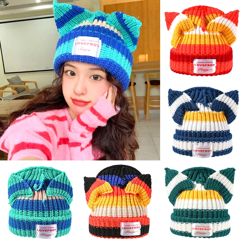 Trendy Fox Ear Striped Knitted Hat, Personalized Warm Double-layer Beanies, Color Block Hip-hop Caps, Ear Protection No Brim Hat
Trendy Fox Ear Striped Knitted Hat, Personalized Warm Double-layer Beanies, Color Block Hip-hop Caps, Ear Protection No Brim Hat