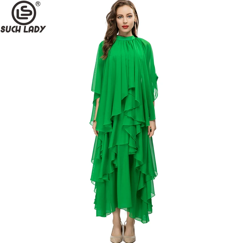 Женское модельное платье с круглым вырезом и рукавами-накидками, модное повседневное дизайнерское платье с многослойными оборками, праздничная одежда 
Женское модельное платье с круглым вырезом и рукавами-накидками, модное повседневное дизайнерское платье с многослойными оборками, праздничная одежда