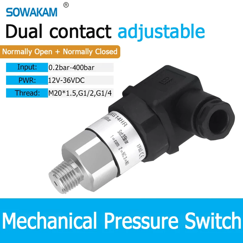 Mechanical Type Pressure Switch NO NC Output Water Gas Oil Liquid Pressure Piston Diaphragm Type Adjustable Pressure Controller
Mechanical Type Pressure Switch NO NC Output Water Gas Oil Liquid Pressure Piston Diaphragm Type Adjustable Pressure Controller