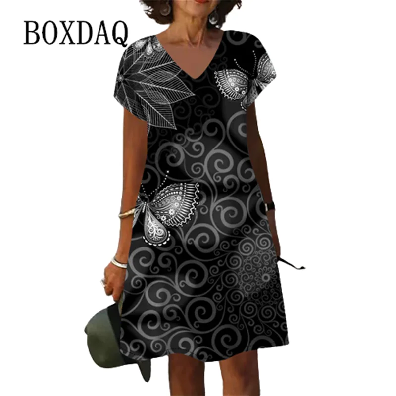 

Женский сарафан с коротким рукавом, повседневное свободное винтажное платье средней длины с абстрактным принтом бабочек, V-образным вырезом, в уличном стиле, большие размеры, на лето