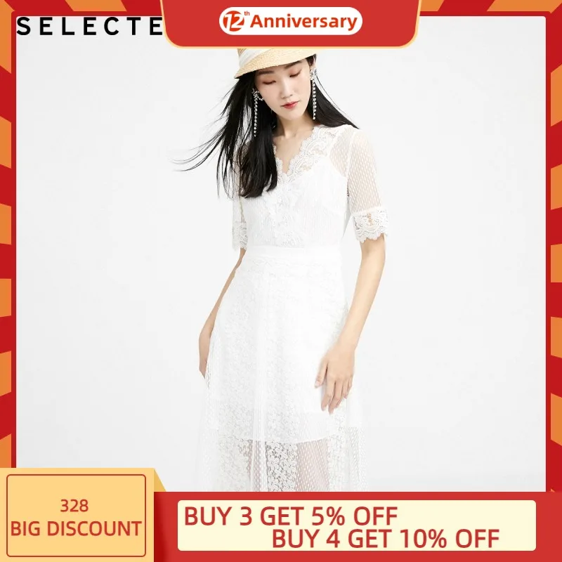 SELECTED Women's Lace Tulle Hollow Sweet Slim Fit short-sleeve Dress S|42022J519 
SELECTED Women's Lace Tulle Hollow Sweet Slim Fit short-sleeve Dress S|42022J519