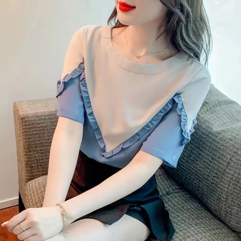 2022 Summer New Fashion Sweet Casual Temperament Round Neck Contrast Color Stitching Lotus Leaf Short-sleeved T-shirt Women
2022 Summer New Fashion Sweet Casual Temperament Round Neck Contrast Color Stitching Lotus Leaf Short-sleeved T-shirt Women