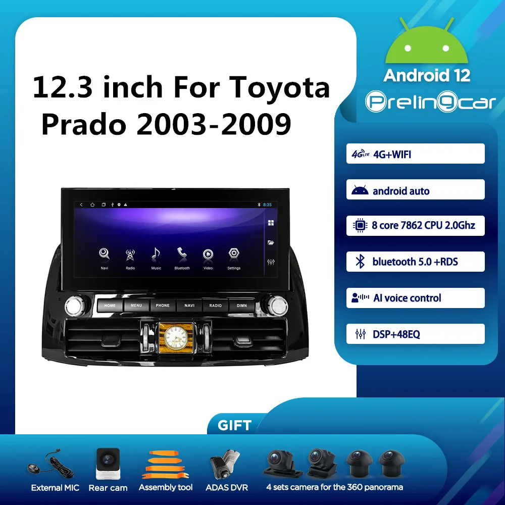 

Автомобильный мультимедийный видеоплеер Prelingcar, система Android 12,3, 2 Din, GPS-навигация, 2003 дюйма для Toyota Prado 2009-Ys, 8 ядер