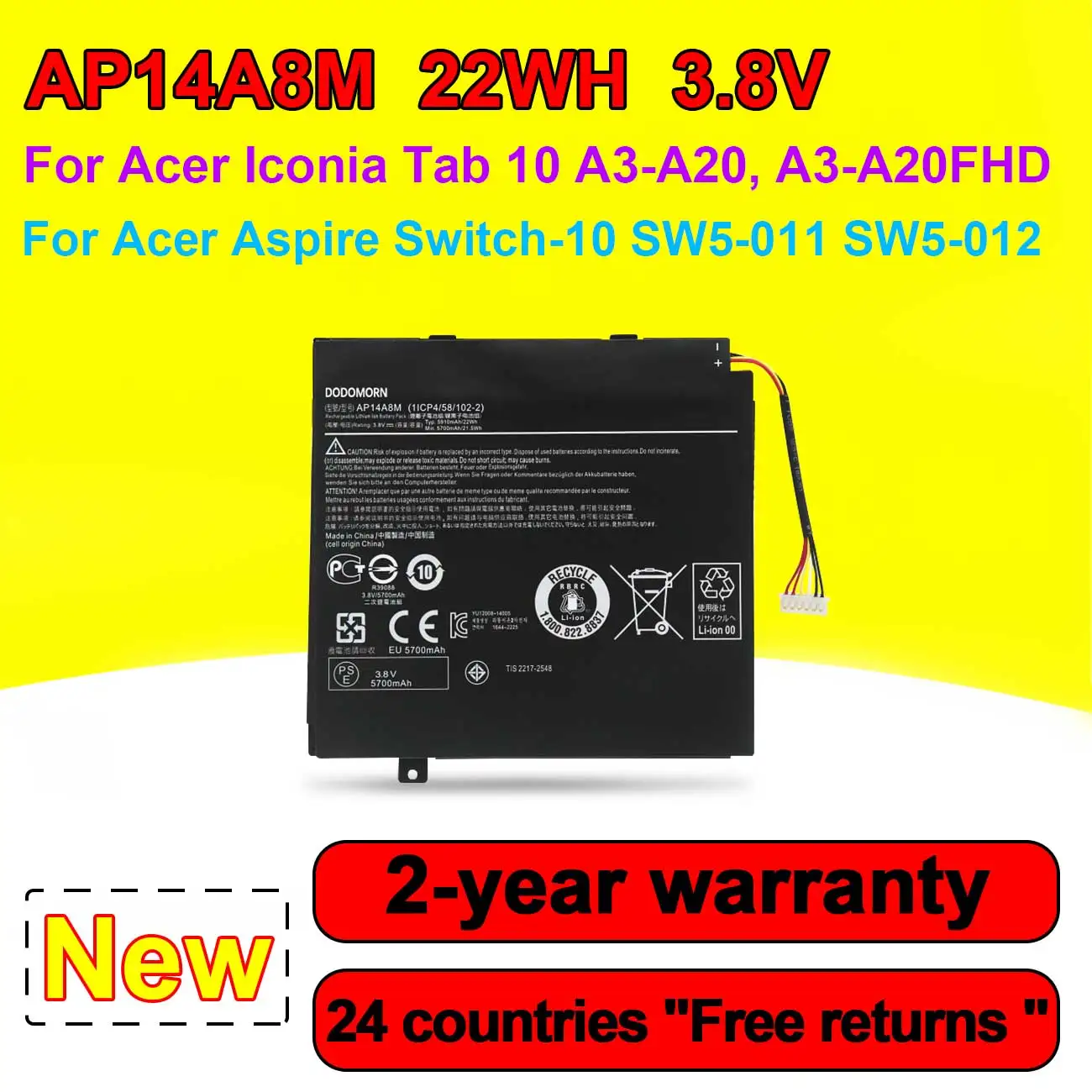 

New AP14A8M Laptop Battery For Acer lcoia Tab 10 A3-A20 A3-A20FHD For Aspire Switch SW5-011 SW5-012 Series 3.8V 22Wh 5910mAh