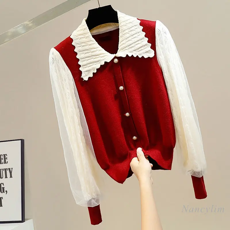 Patchwork Sweater Women Fashion Color Contrast Stitching Mesh Hollow Lace Puff Sleeve Single-Breasted Decorative Slim Fit Pull
Patchwork Sweater Women Fashion Color Contrast Stitching Mesh Hollow Lace Puff Sleeve Single-Breasted Decorative Slim Fit Pull