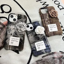 Korean Stylish Cute Warm Winter Vintage Weaving Birds Plaid Roses Soft Case For iPhone 15 Pro Max 14 13 12 11 Shockproof Cover