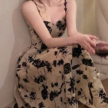 Jielur 2023 Summer Floral Strap Midi Dress Women Sleeveless Elegant Vintage Dress Evening Party One Piece Dress Korean Fashion
