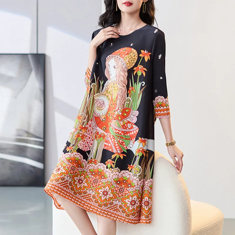 Miyake Pleated Dress Women 2023 Spring/Summer New Fashion Character Printed O Neck Shirt with Half Sleeve Loose Plus Size Dress
Miyake Pleated Dress Women 2023 Spring/Summer New Fashion Character Printed O Neck Shirt with Half Sleeve Loose Plus Size Dress