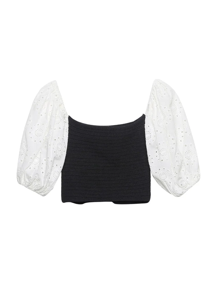 Tops Women 2022 Contrast Cutwork Embroiery Puff Sleeve Crop Top Blouse Street Style Straight Neckline Off Shoulder Knit Top
Tops Women 2022 Contrast Cutwork Embroiery Puff Sleeve Crop Top Blouse Street Style Straight Neckline Off Shoulder Knit Top