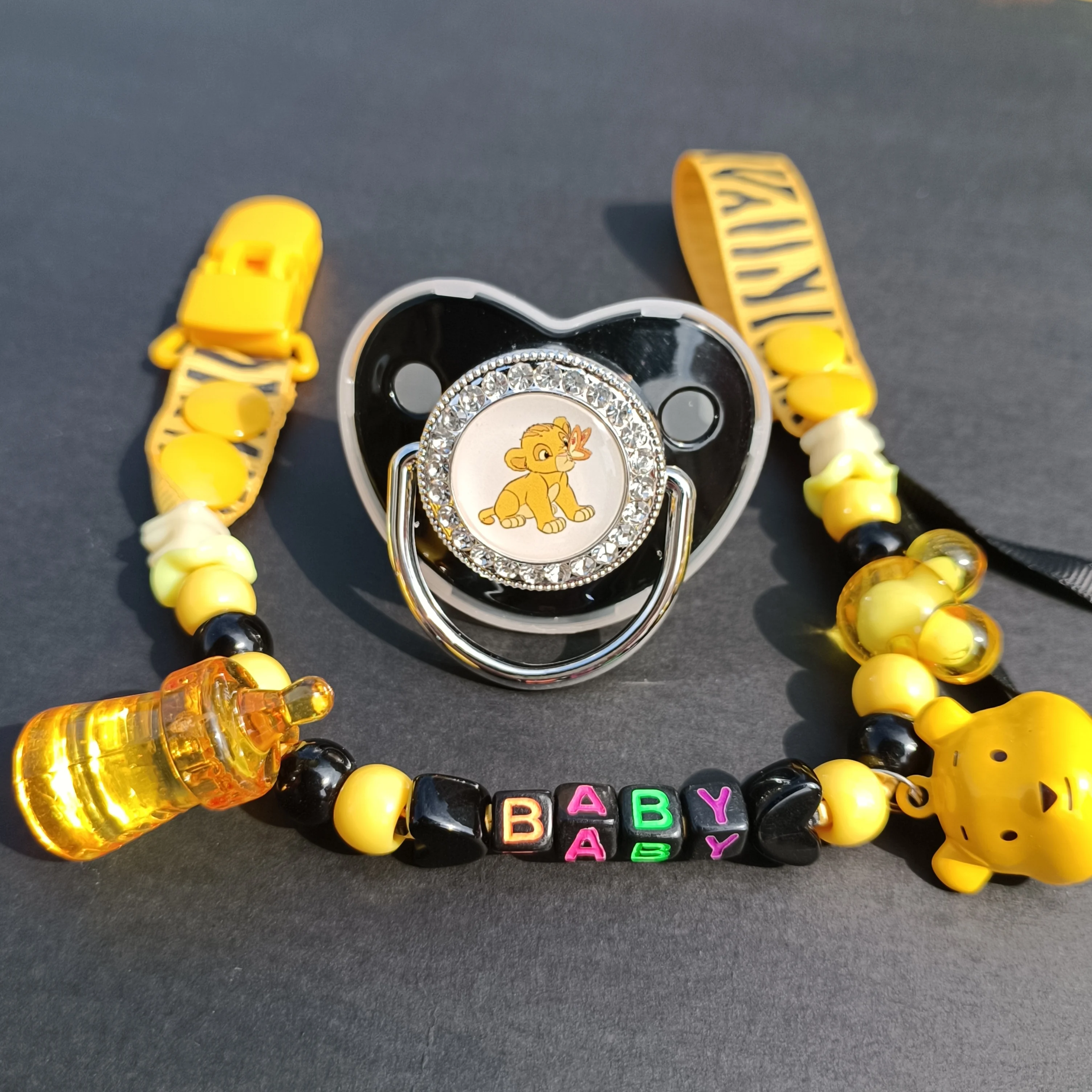 

Gold Lion King & Donald Duck Black Baby Pacifier with Clip Bling Luxury Baby Pacifier Chupeta Sucette Fake Silicone Pacifier