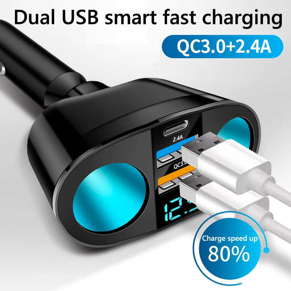 

1x QC3.0 Car Charger 12V/24V Dual USB Power Adapter Car Cigar Lighter Socket Type-C + QC3.0 + 2.4A Blue LED Digital Display 120W