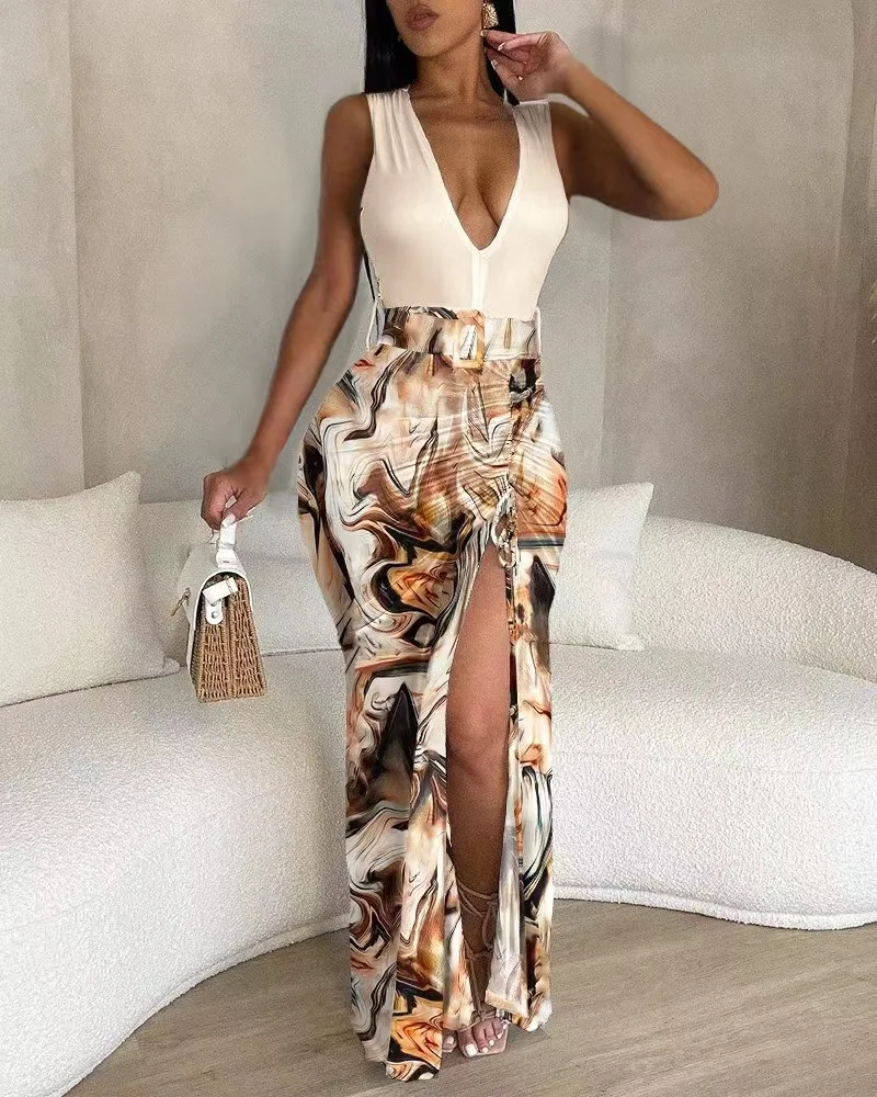 

Женское длинное платье на завязках, элегантное облегающее платье без рукавов с леопардовым принтом, с глубоким V-образным вырезом и высоким разрезом, 2023