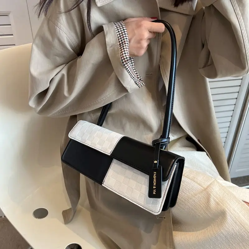 

Модная нишевая сумка с цветным блокировкой для женщин, Новинка лета 2023, модная Высококачественная клетчатая сумка для подмышек, универсальная Изысканная сумка через плечо