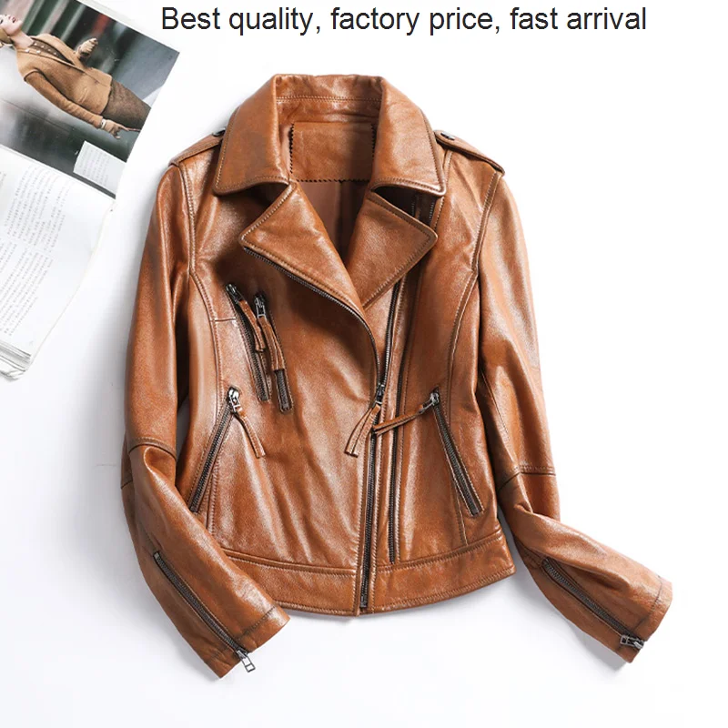 

High quality luxury brand Lady Sheepskin Fashion Solid Motorcycle Real Leather Coats Zipper Soft Bomber Jackets 2023 Spring Autu