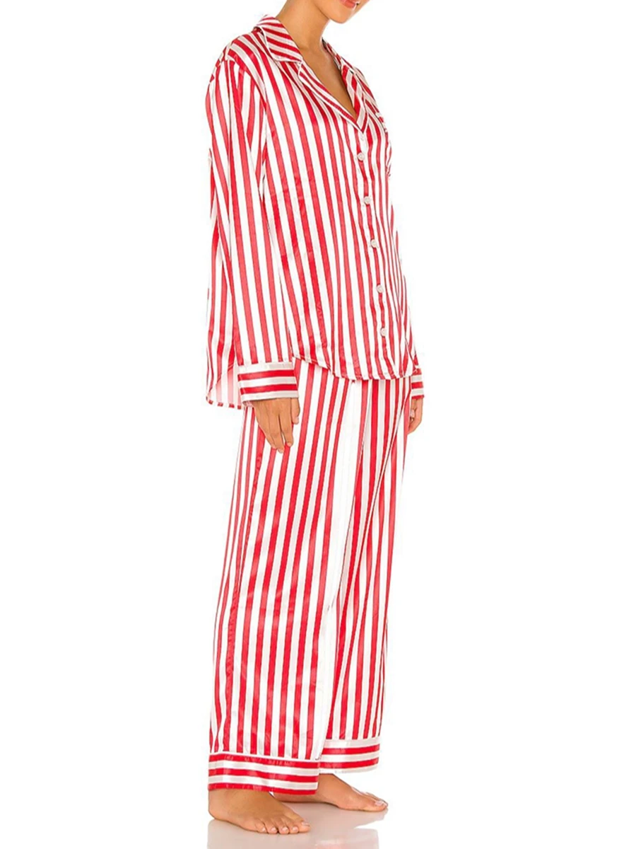 

Женский Рождественский пижамный комплект, полосатая рубашка с длинным рукавом, штаны с эластичным поясом, одежда для сна, рождественские праздничные костюмы из 2 предметов для отдыха