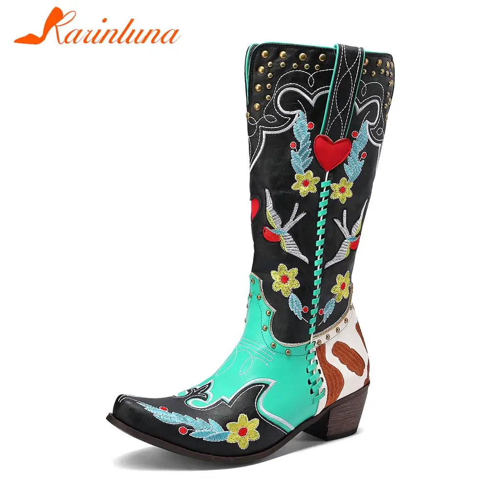 Fashion New Ladies Boots Embroidery mix-colors mid-calf Boot Western Female Flower Thick High Heels Female Shoes Big Size 43
Fashion New Ladies Boots Embroidery mix-colors mid-calf Boot Western Female Flower Thick High Heels Female Shoes Big Size 43