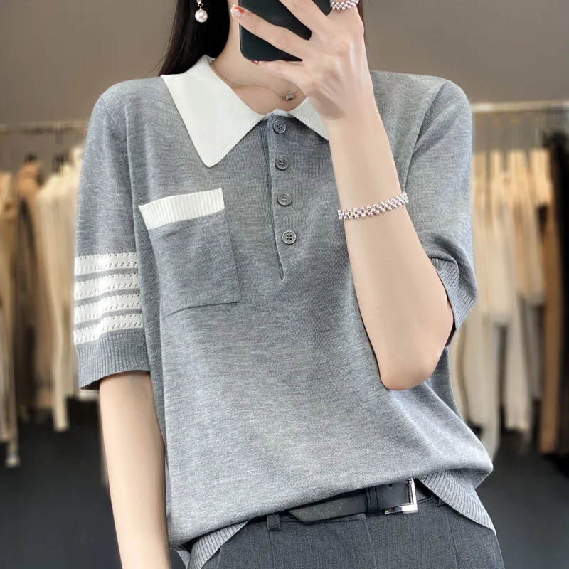 Summer New Wool Short-Sleeved Women's POLO Neck Color Matching T-Shirt Loose And Slim Joker Knitted Half-Sleeve Top
Summer New Wool Short-Sleeved Women's POLO Neck Color Matching T-Shirt Loose And Slim Joker Knitted Half-Sleeve Top