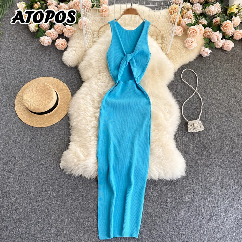 Atopos Women Solid Basic Knitted Bodycon Dress Summer Backless Sexy Slit Dresses Fashion Casual Sundress Vestidos Female Robe
Atopos Women Solid Basic Knitted Bodycon Dress Summer Backless Sexy Slit Dresses Fashion Casual Sundress Vestidos Female Robe