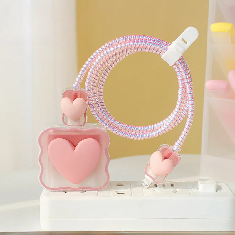 

3D Pink Heart Charger Protector Cable Organizer for Iphone 18W 20W Data Cable Management Cord Winder Kit Cable Storage Box