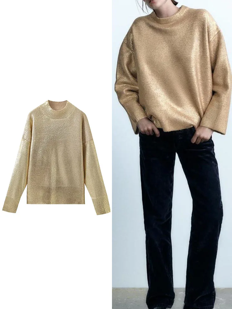 

TRAF Fashion Bright Gold Knit Pullover For Women Causal Long Sleeve Mock Neck Elegant Office Lady Winter New Chic Sweaters