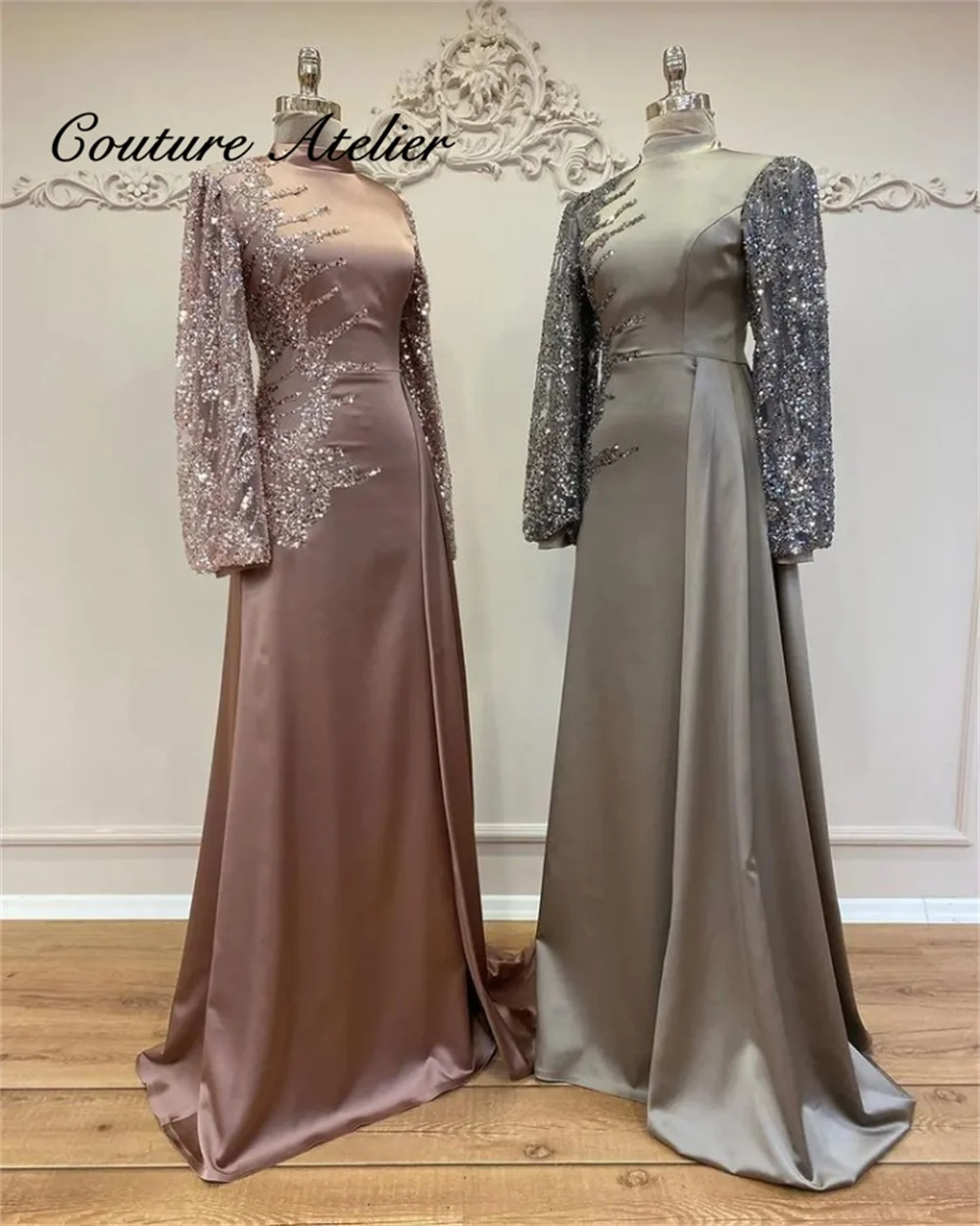 

Beaded Satin Muslim Evening Dress Women Luxury Dubai Wedding Dresses For Women Long Sleeve Prom Gowns With Cape High Neck abiti