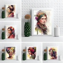 스코티시 여성 수채화 초상화 포스터, 타탄 스카프와 꽃 벽 아트 프린트, 아름다운 캔버스 그림, 홈 데코