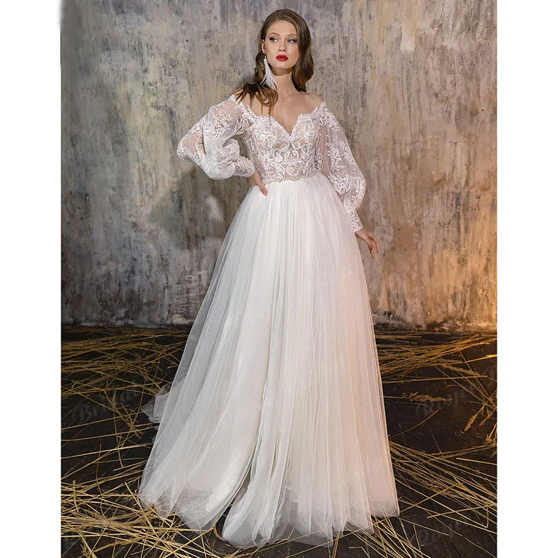 Fairy Boho Wedding Dress Long Puff Sleeve Lace Tulle A Line Sweep Train Bridal Gown Custom Made Robe de Mariee Roycebridal
Fairy Boho Wedding Dress Long Puff Sleeve Lace Tulle A Line Sweep Train Bridal Gown Custom Made Robe de Mariee Roycebridal