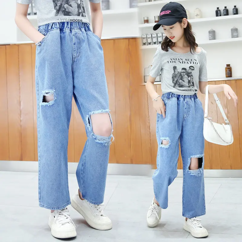 

Girls Pants Spring Teenage Girls Ripped Jeans for Girls Hole Ankle Length Pants Children Casual Jeans Kids Trousers 6 8 10 12Yrs