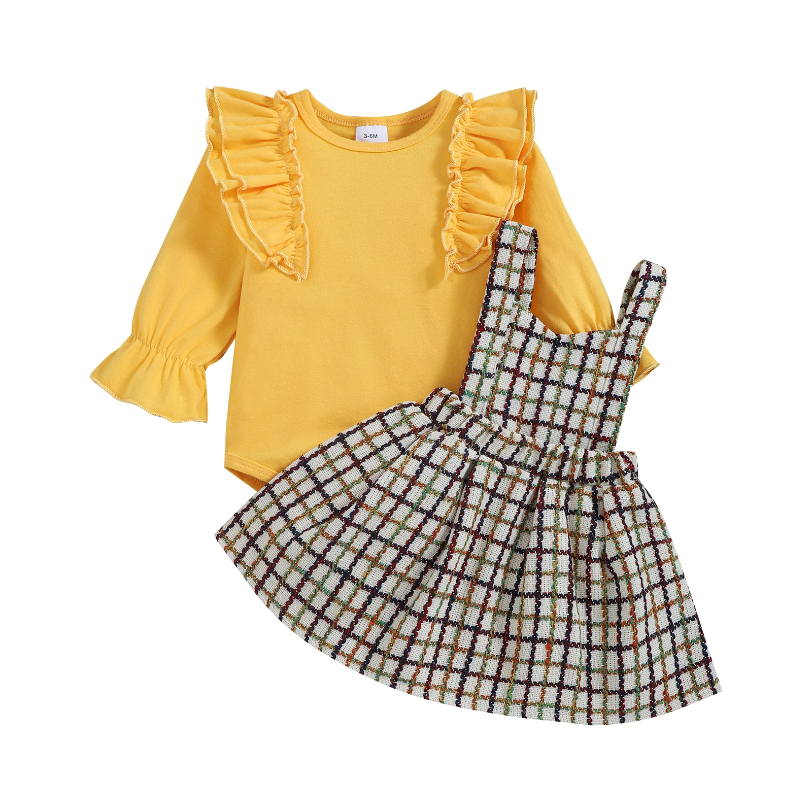Baby Girl’s Two Piece Suit Fashion Solid Color Ruffles Long Sleeve Romper and Plaid Suspender Skirt
Baby Girl’s Two Piece Suit Fashion Solid Color Ruffles Long Sleeve Romper and Plaid Suspender Skirt