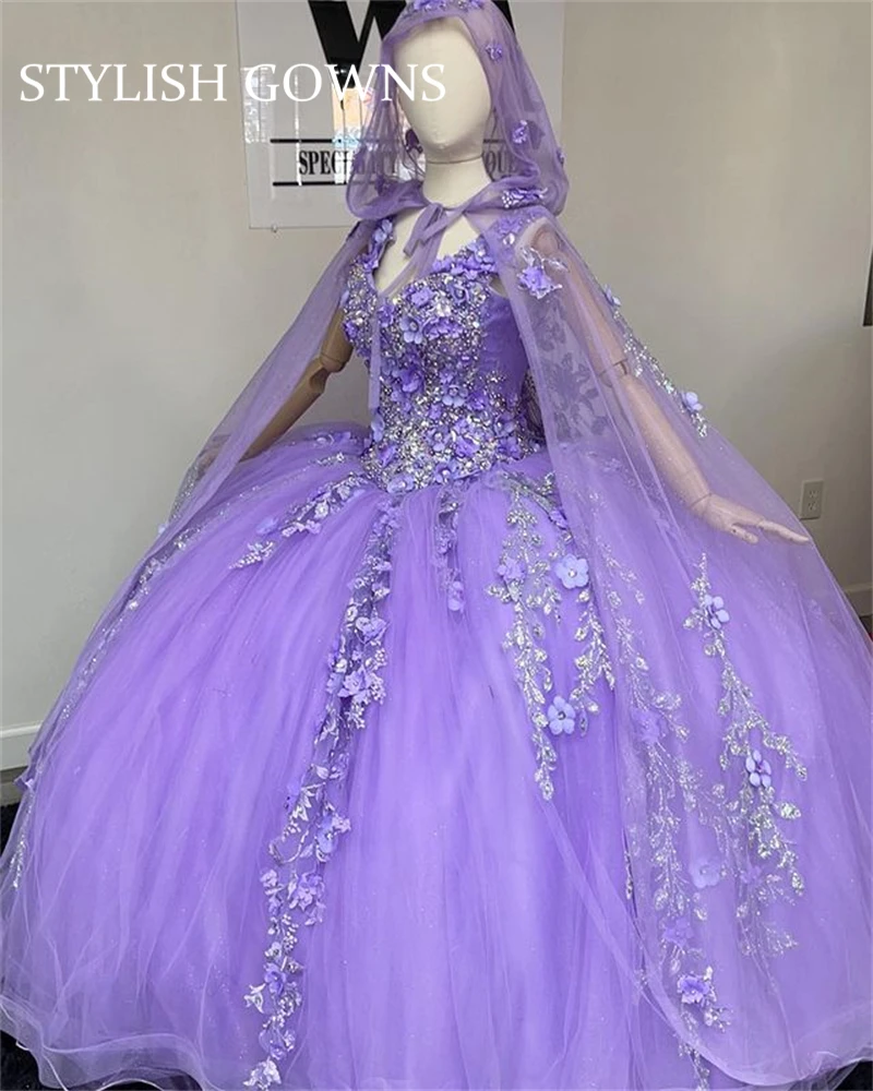 

Princess Purple Sweetheart Ball Gown Quinceanera Dresses Beaded Celebrity Party Gowns 3D Flowers Graduation Dress With Cape