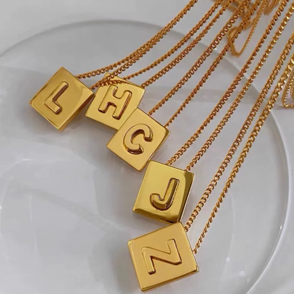

New 26 English Alphabet Necklace Gold Square Letter Necklace Light Luxury Niche High Feeling Small Gold Medal Clavicle Chain