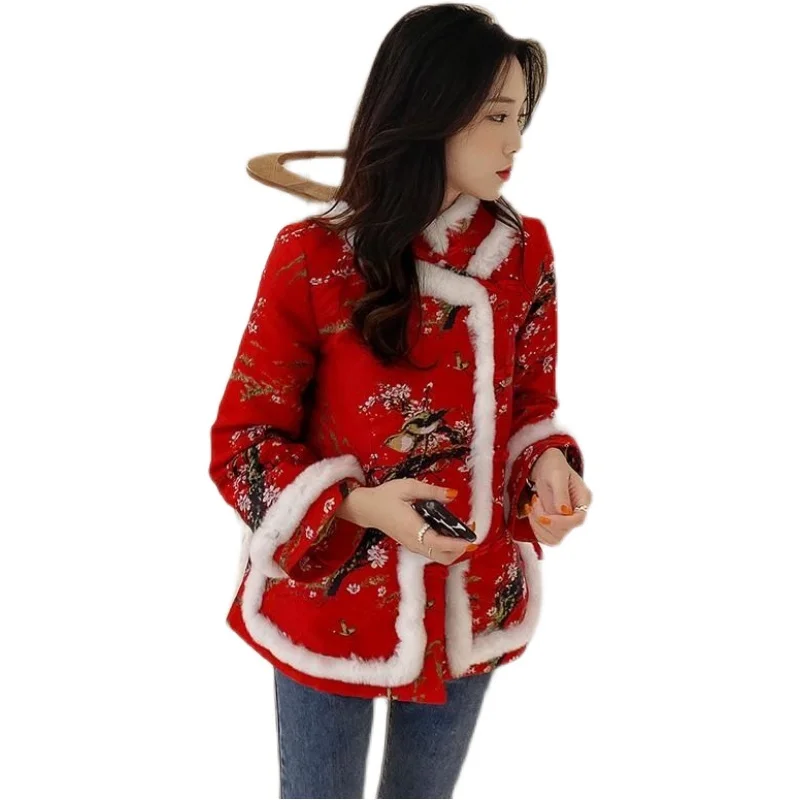 

Winter Polyester Tang Women's Winter Thickened Cotton Sandwich Red New Year Clothes Cheongsam Coat Women's Blouse