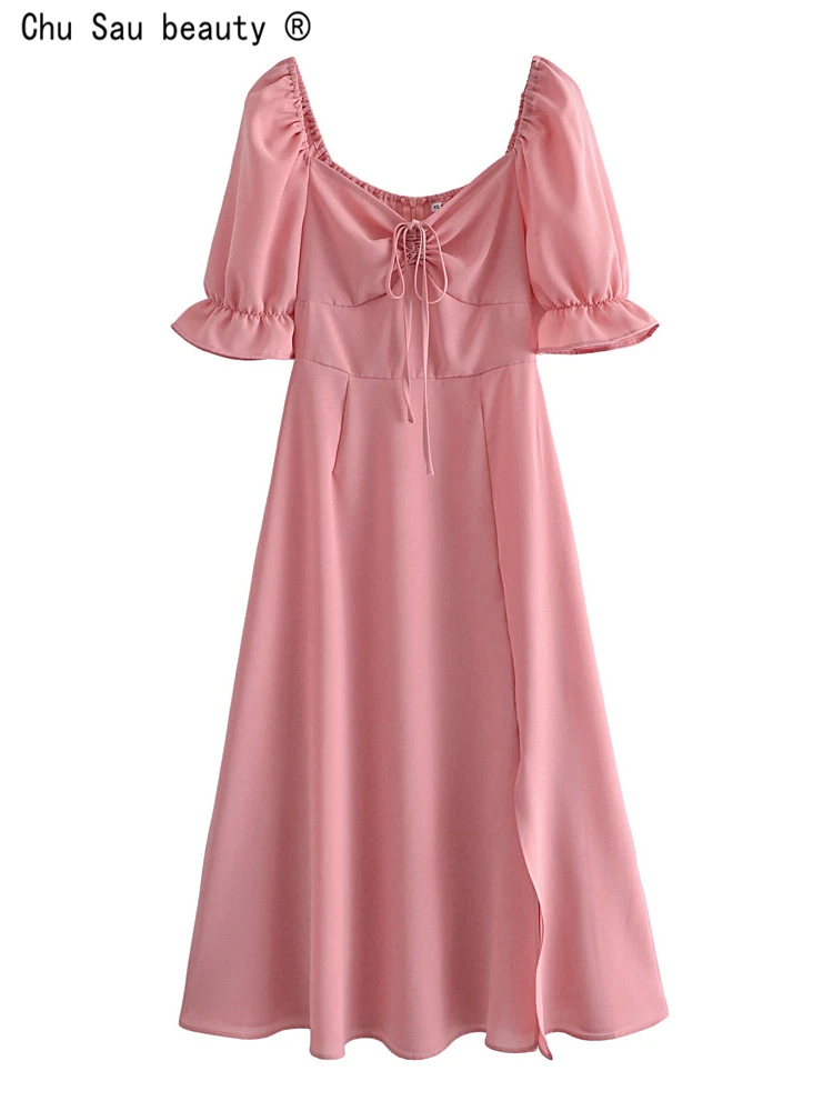 

Женское винтажное платье с завышенной талией, розовое ТРАПЕЦИЕВИДНОЕ ПЛАТЬЕ во французском стиле с квадратным вырезом и пышными рукавами, ...
