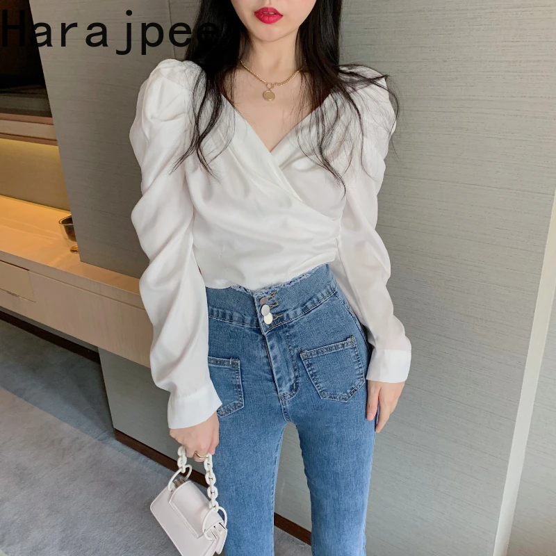 Harajpee Puff Sleeve Shirt Retro Korean Simple Solid V Neck Slim Waist All Match Belt Blouse Spring New 2022 Women Pullover Tops
Harajpee Puff Sleeve Shirt Retro Korean Simple Solid V Neck Slim Waist All Match Belt Blouse Spring New 2022 Women Pullover Tops