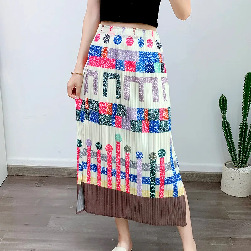 

Miyake Pleated Style Skirt 2023 Spring Summer New Floral Print Slit Age-Reducing Pleated Skirt Floral Skirt Skirt Floral Skirt