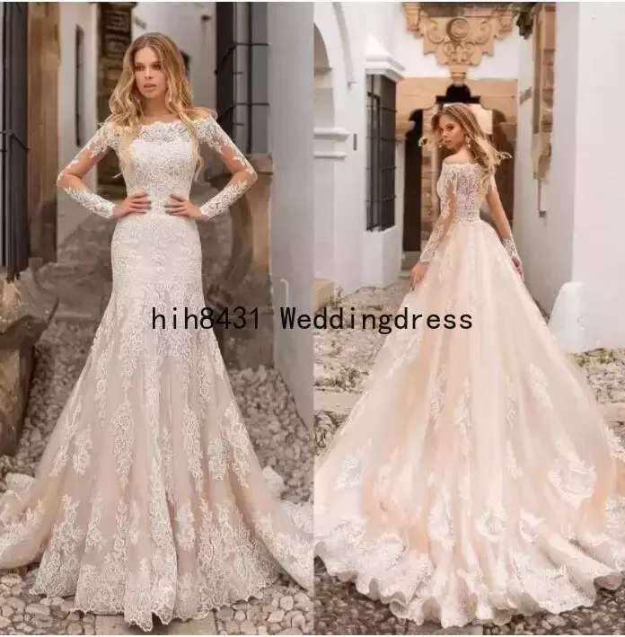 Lace Mermaid Wedding Dresses Bateau Neck Long Sleeves Applique Sweep Train Wedding Bridal Gowns With Detachable Train BC0120
Lace Mermaid Wedding Dresses Bateau Neck Long Sleeves Applique Sweep Train Wedding Bridal Gowns With Detachable Train BC0120
