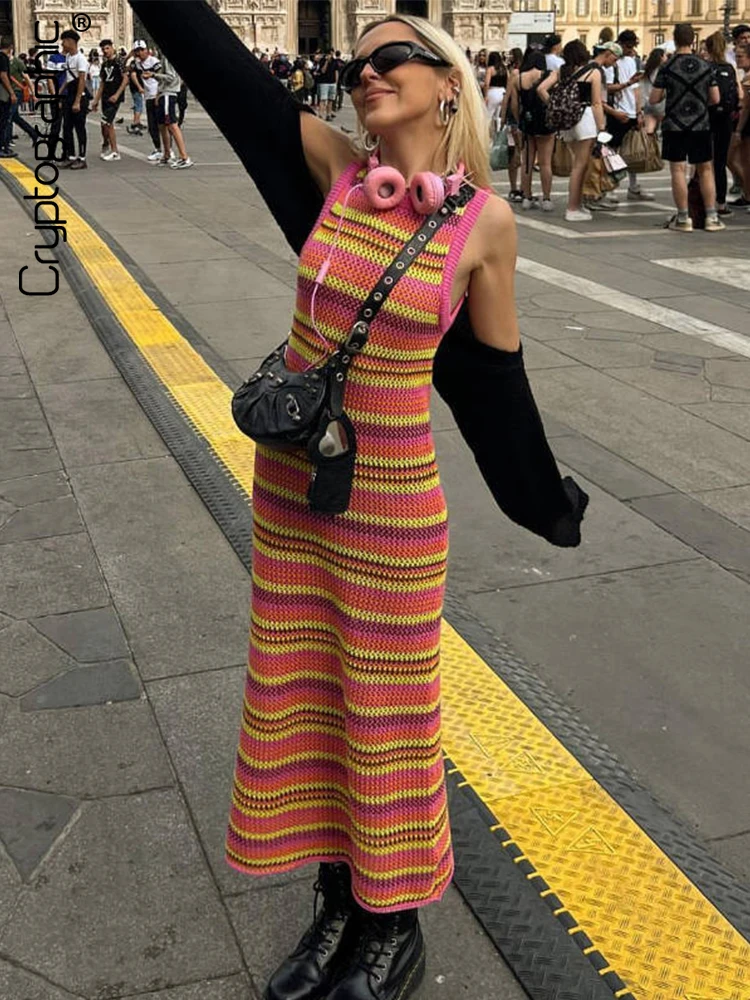 Cryptographic Knitted Stripe Rainbow Dress for Women Summer Bohemian Outfit Elegant Sleeveless Tank Long Dresses Vestido Clothes
Cryptographic Knitted Stripe Rainbow Dress for Women Summer Bohemian Outfit Elegant Sleeveless Tank Long Dresses Vestido Clothes