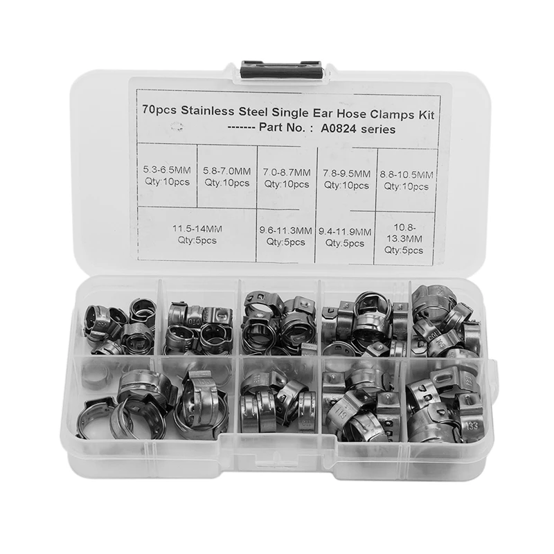 70Pcs/Set Single Ear Hose Clamps Hose Fuel Clamps Assortment For Hydraulic Hose Fuel 5.3-14.0Mm
70Pcs/Set Single Ear Hose Clamps Hose Fuel Clamps Assortment For Hydraulic Hose Fuel 5.3-14.0Mm