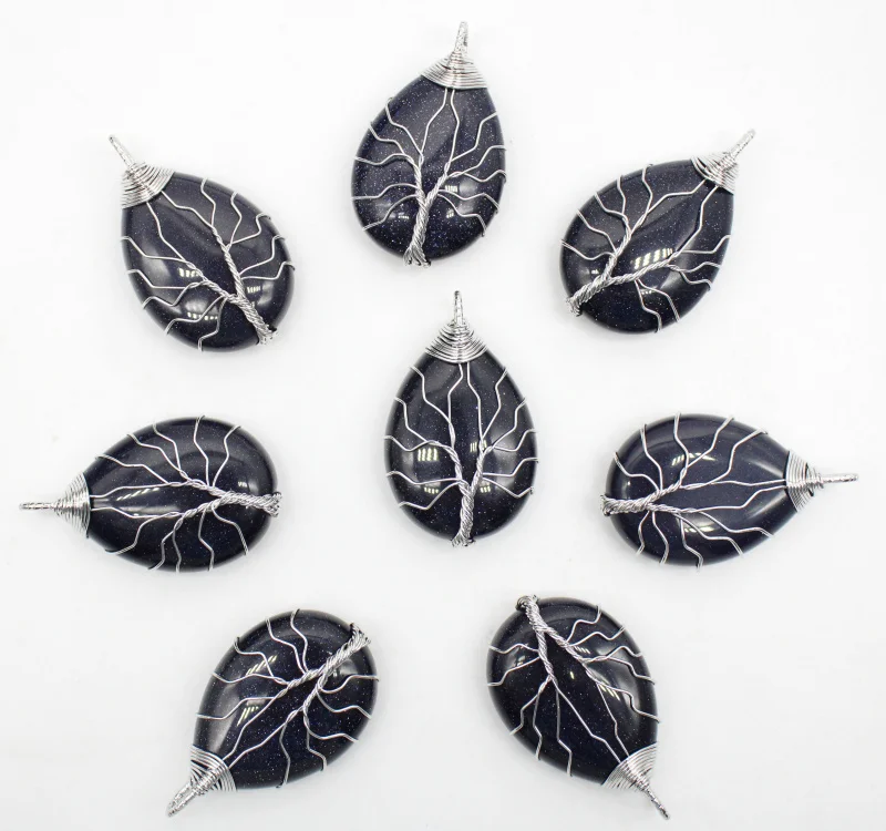 

Wholesale Blue Sand Stone Pendant Tree of Life Wire Wrapped Water Droplets Beads Pendants DIY for Necklace Accessories 6pcs/lot