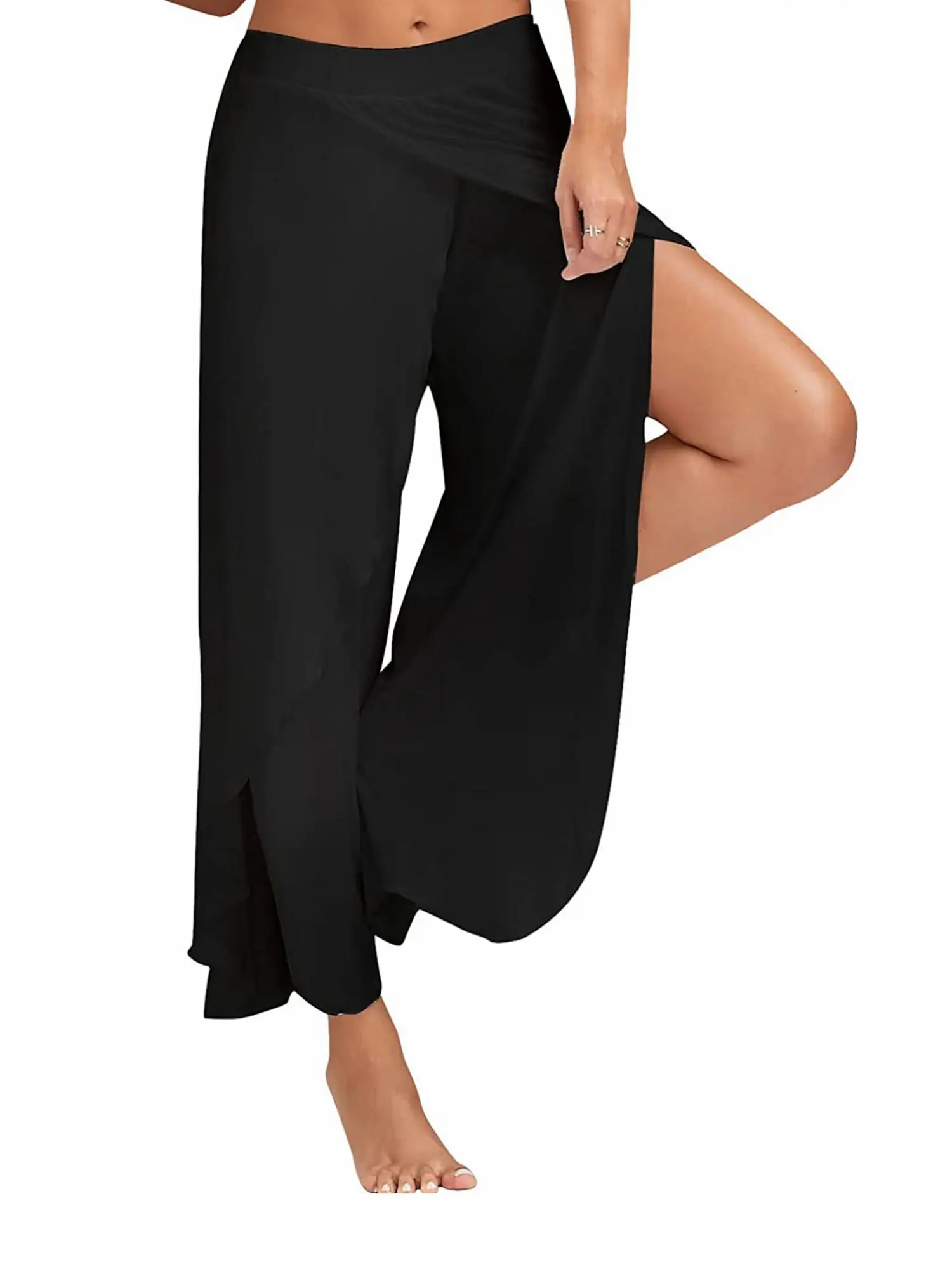 

Y2K Women's Pants Solid Casual High Slit Flowy Layered Fashion Loose Wide Leg