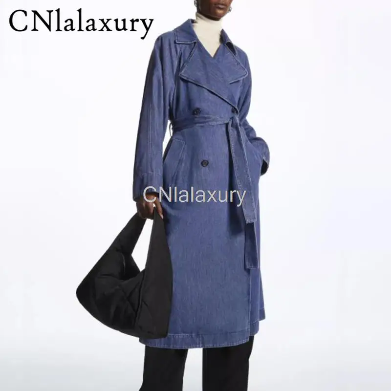 

CNlalaxury 2023 Fashion New Women Solid Casual Belt Double-breasted Button Denim Windbreaker Long Coat Simple Female Chic Trench