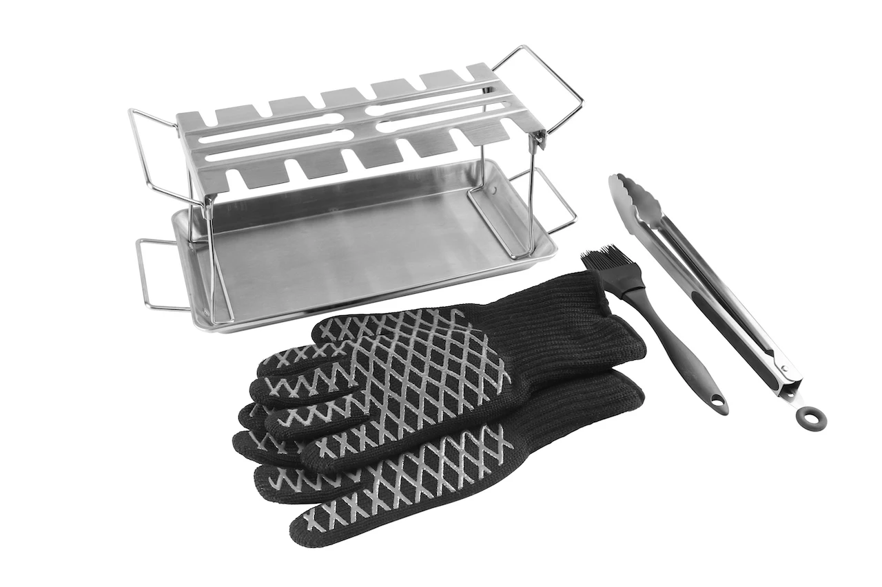 6pc Stainless Steel Chicken Hanger Rack Grilling Set w/Drip Tray, Brush, Tongs and 932F Heat Resistant Glove
6pc Stainless Steel Chicken Hanger Rack Grilling Set w/Drip Tray, Brush, Tongs and 932F Heat Resistant Glove