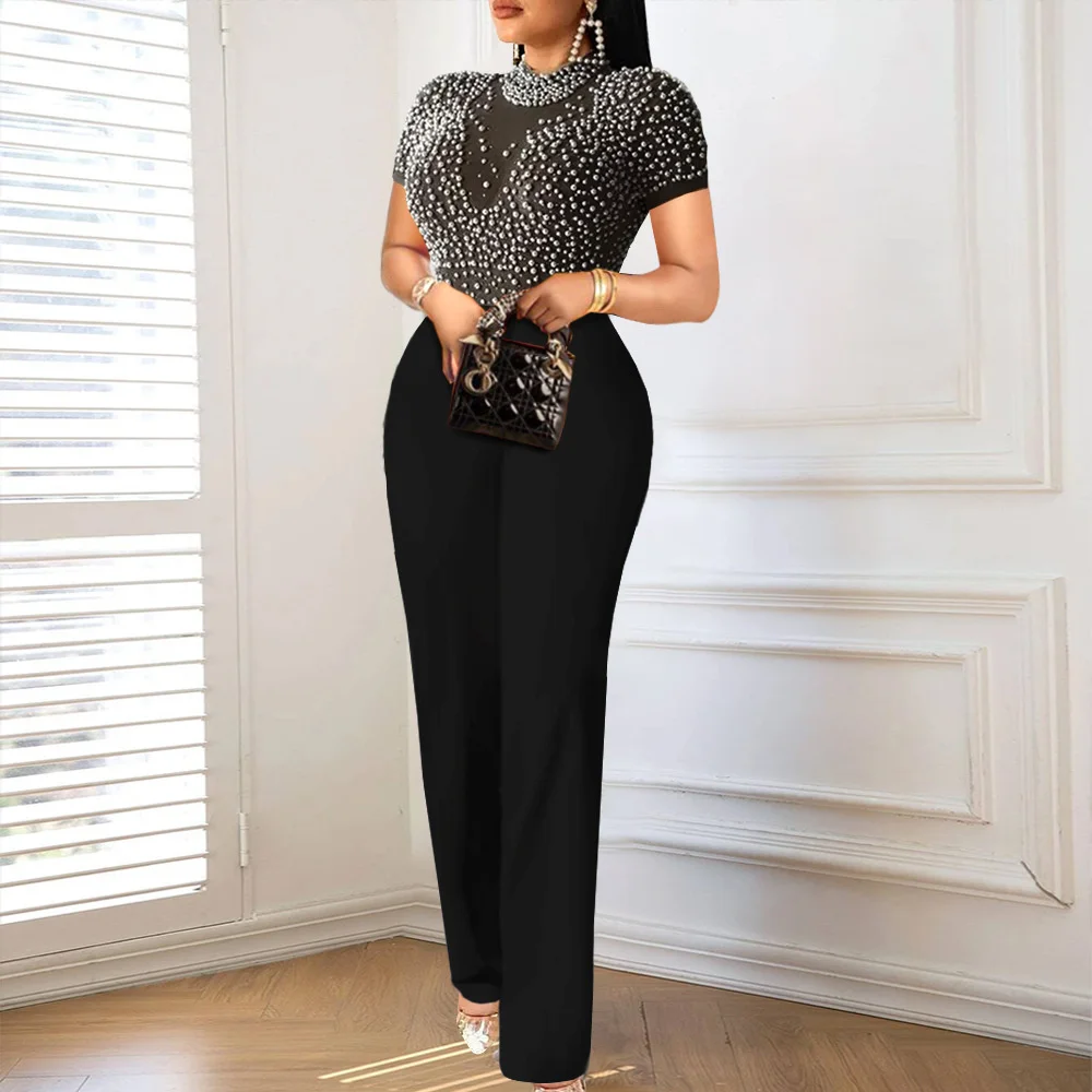 Fashion new round neck short sleeve beaded casual style mesh perspective high waist slim solid color party jumpsuit
Fashion new round neck short sleeve beaded casual style mesh perspective high waist slim solid color party jumpsuit