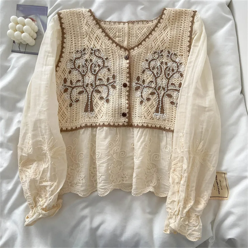 Japanese Vintage Lace Blouse Women Tops And Blouses Spring Autumn Cotton Linen Shirt Long Sleeve Embroidery Bead Designer Tops 
Japanese Vintage Lace Blouse Women Tops And Blouses Spring Autumn Cotton Linen Shirt Long Sleeve Embroidery Bead Designer Tops